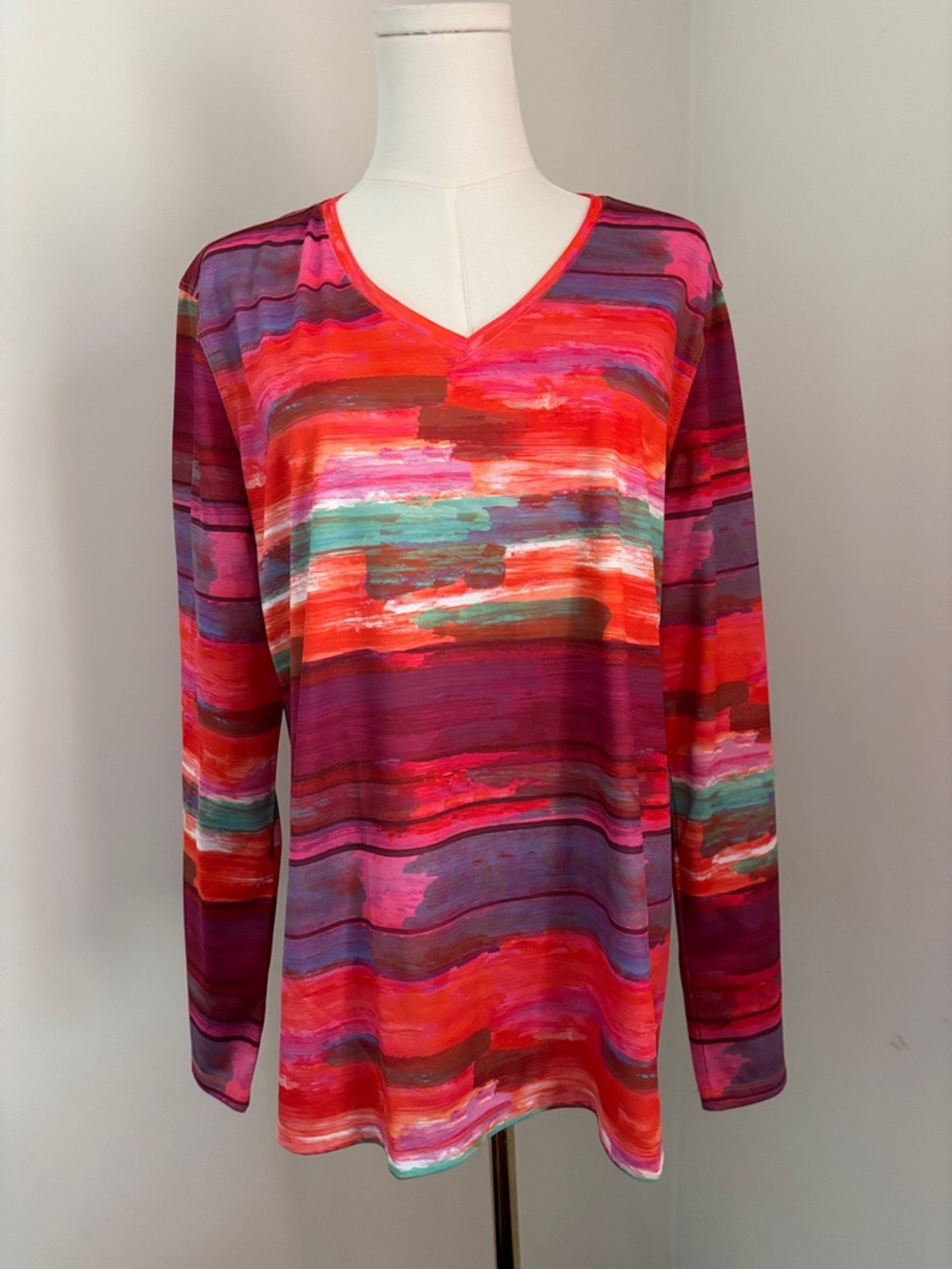 Reel Legends V-Neck Long Sleeve Stripe Top - Red, Pink, Purple